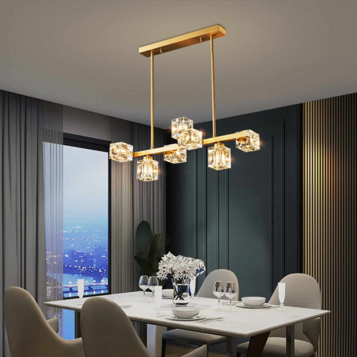 11-Light Luxury Gold and Crystal Square Island Light Image - 3