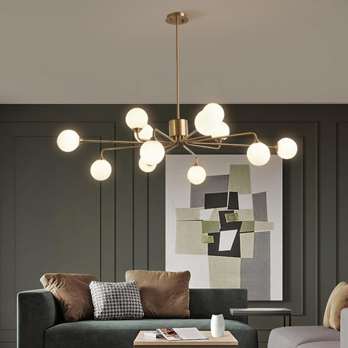 12-Light Modern Gold White Globe Chandelier Image - 4