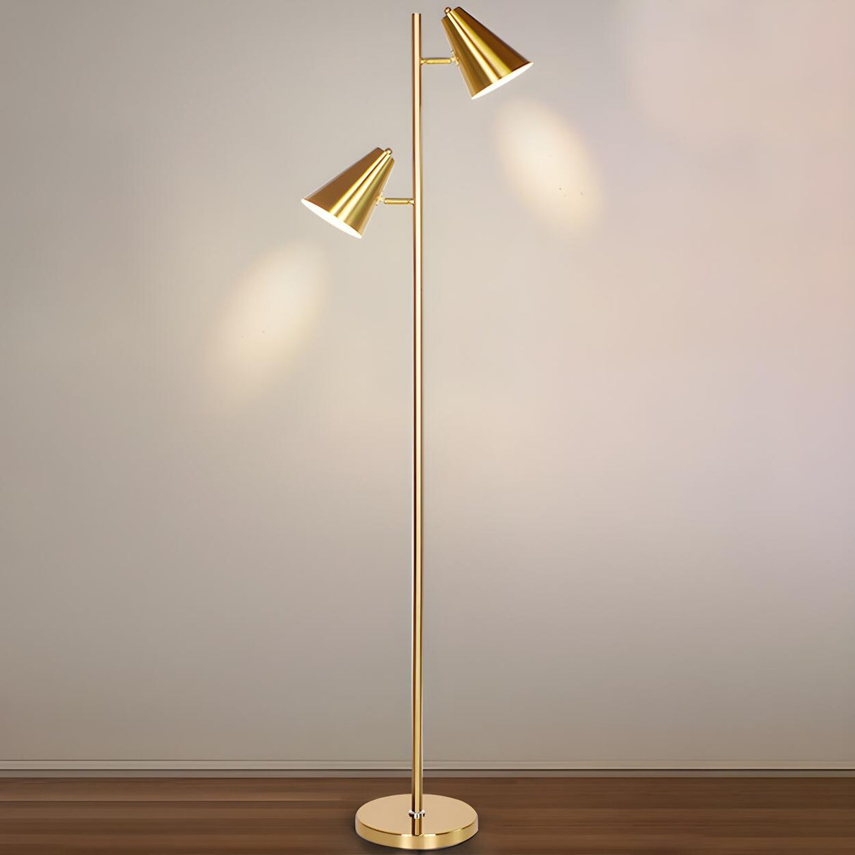 2-Light Adjustable Cone Gold Modern Metal Floor Lamp Image - 3