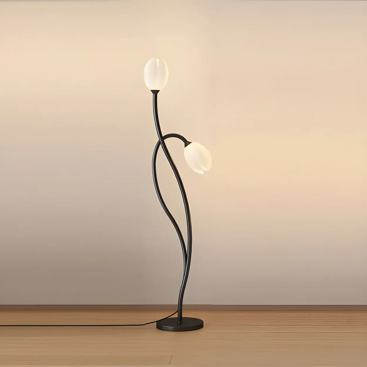 2-Light Bedside Black Tulip-Shaped Metal Floor Lamp Image - 10