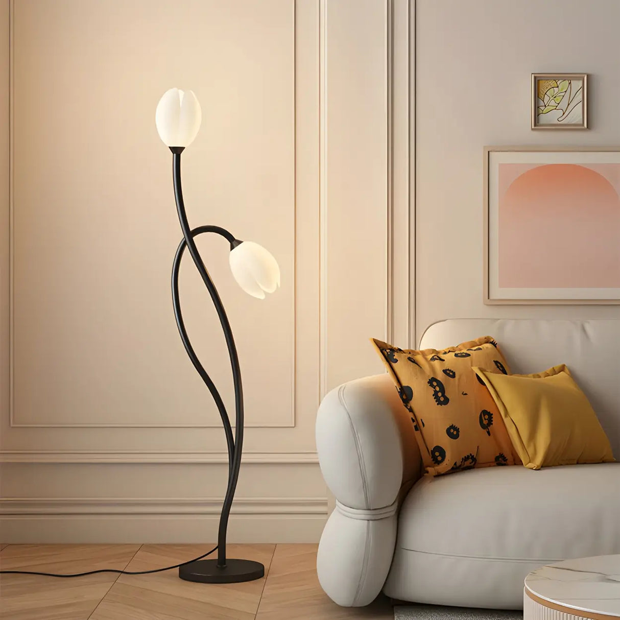 2-Light Bedside Black Tulip-Shaped Metal Floor Lamp Image - 3