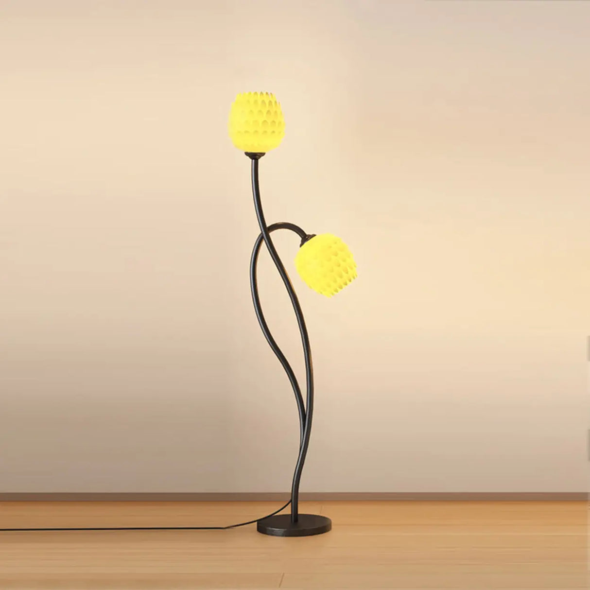 2-Light Bedside Black Tulip-Shaped Metal Floor Lamp Image - 4