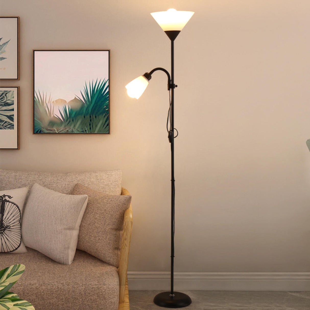 2-Light Black Cone Adjustable Reading Floor Lamp Image - 1