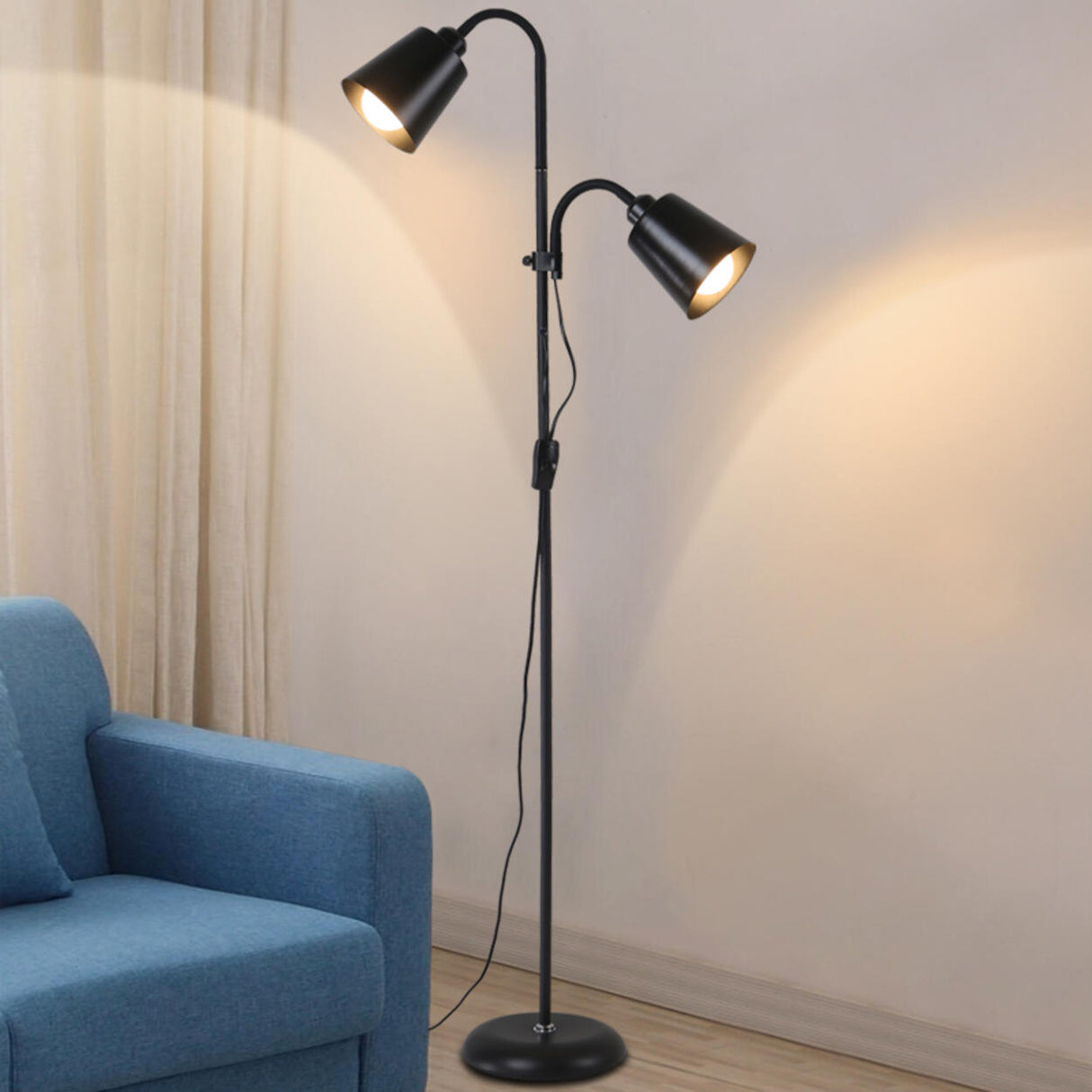 2-Light Black Cone Adjustable Reading Floor Lamp Image - 14