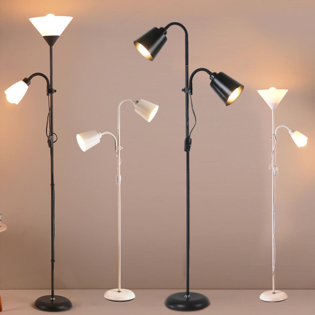 2-Light Black Cone Adjustable Reading Floor Lamp Image - 4