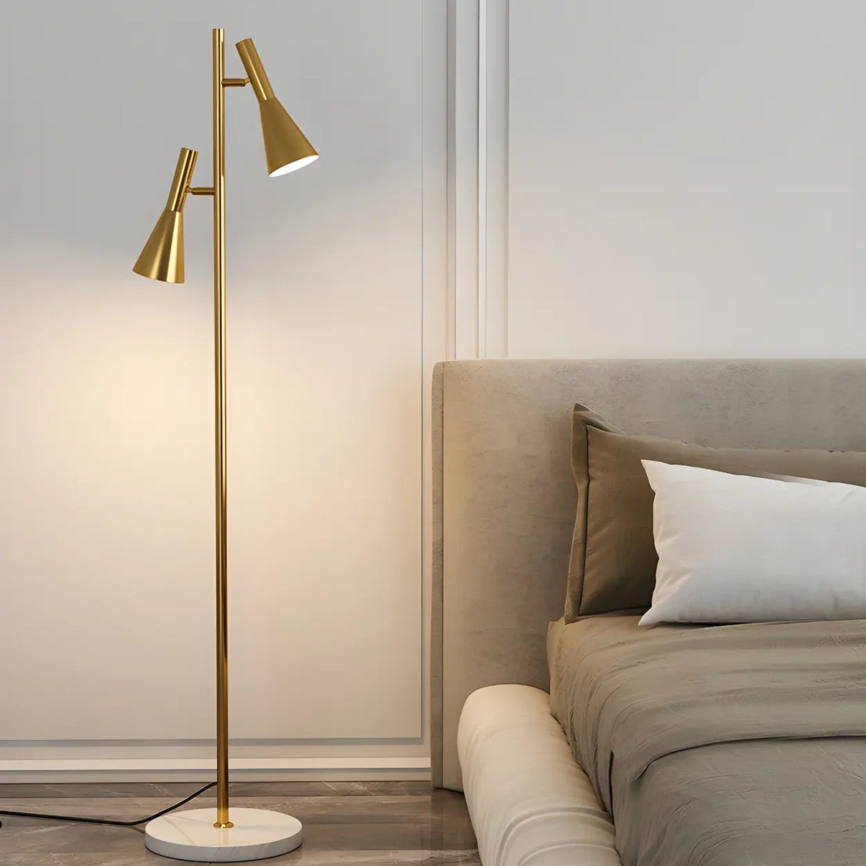 2-Light Cone Modern Gold Floor Lamp with Marble Base Image - 1