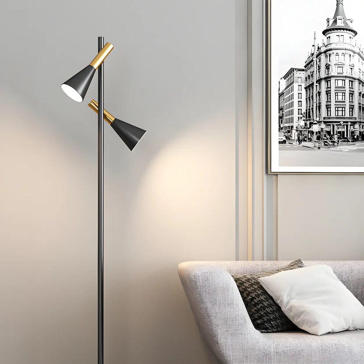 2-Light Cone Modern Gold Floor Lamp with Marble Base Image - 13