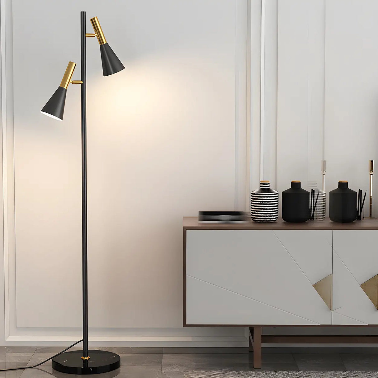 2-Light Cone Modern Gold Floor Lamp with Marble Base Image - 14