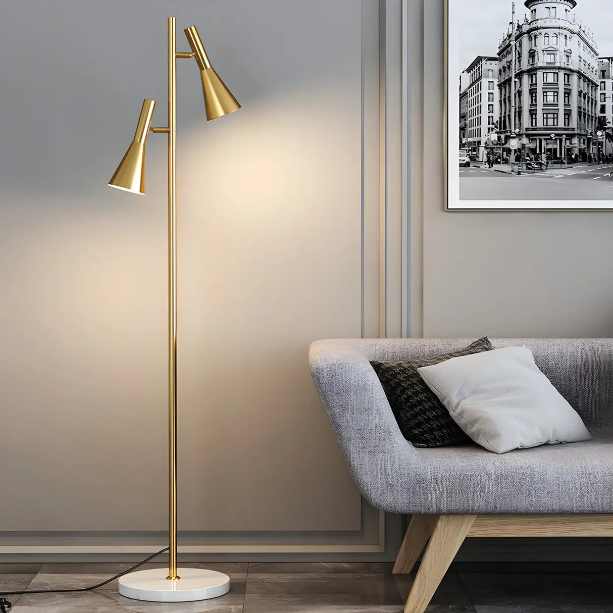 2-Light Cone Modern Gold Floor Lamp with Marble Base Image - 2