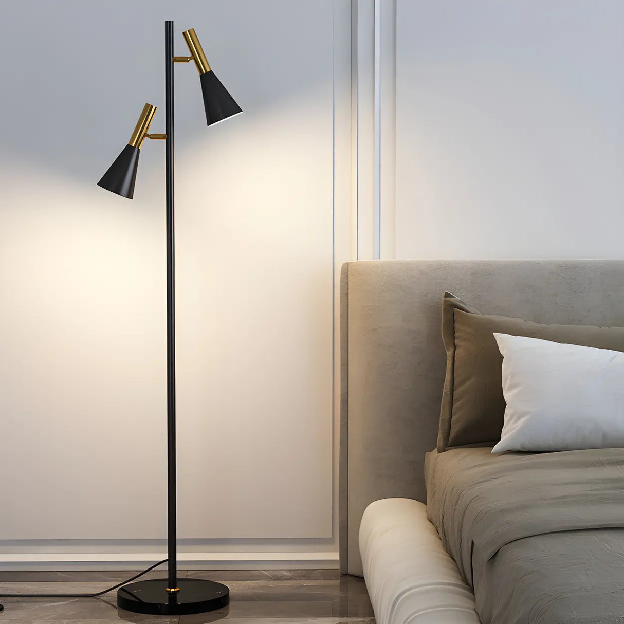 2-Light Cone Modern Gold Floor Lamp with Marble Base Image - 3