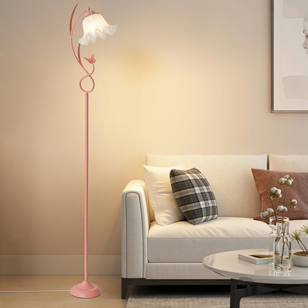 2-Light Exquisite White Floral Metal Floor Lamp Image - 4