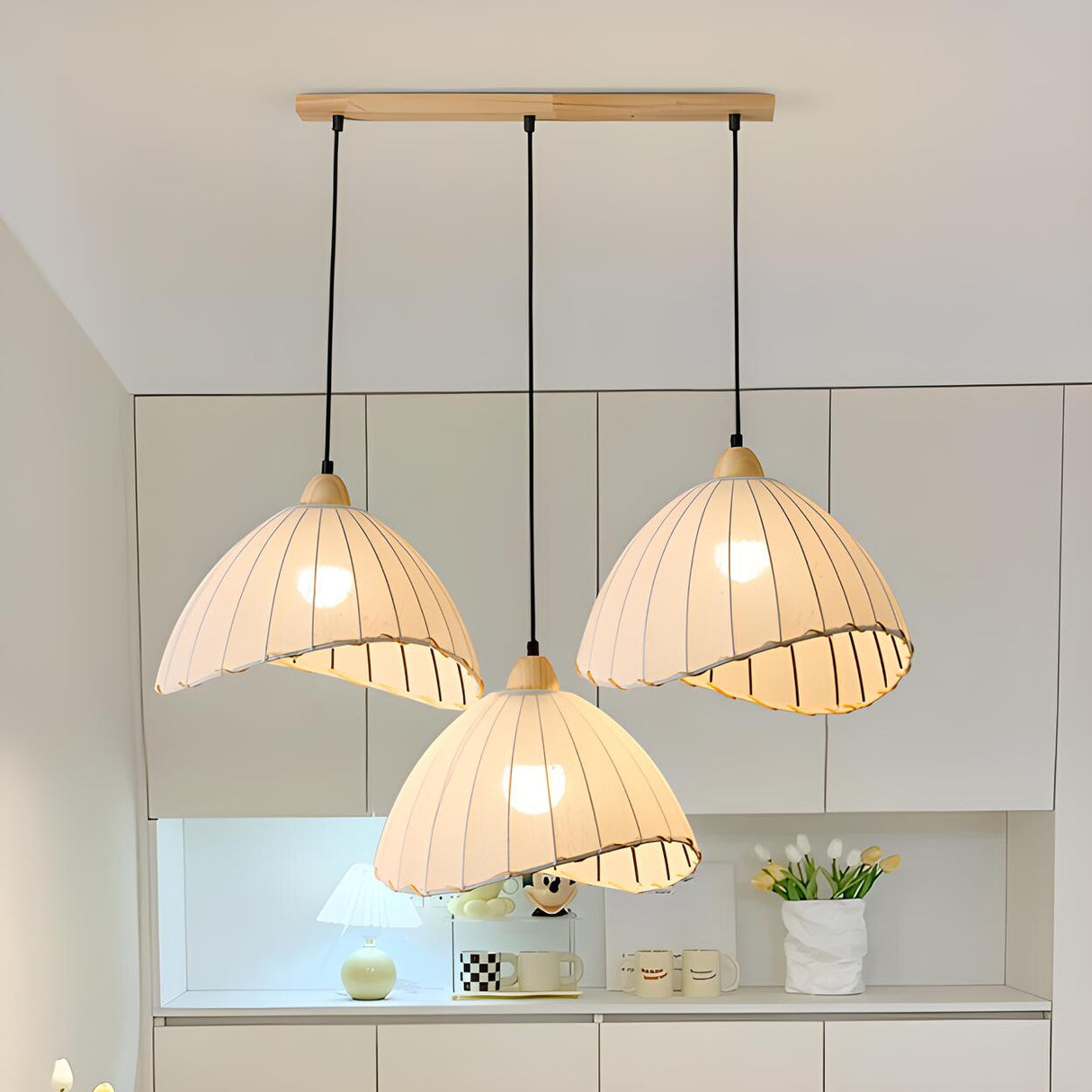 2-Light Fabric Scalloped Dome Island Pendant Light Image - 4