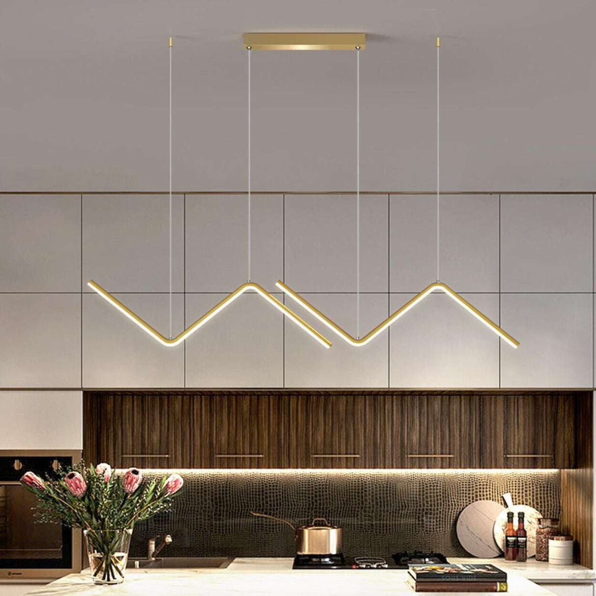 2-Light Modern Zigzag LED Gold Island Pendant Light Image - 4