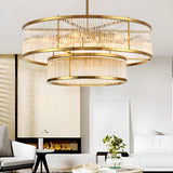 2 Tiers Adjustable Height Gold Drum Crystal Chandelier  Image - 1