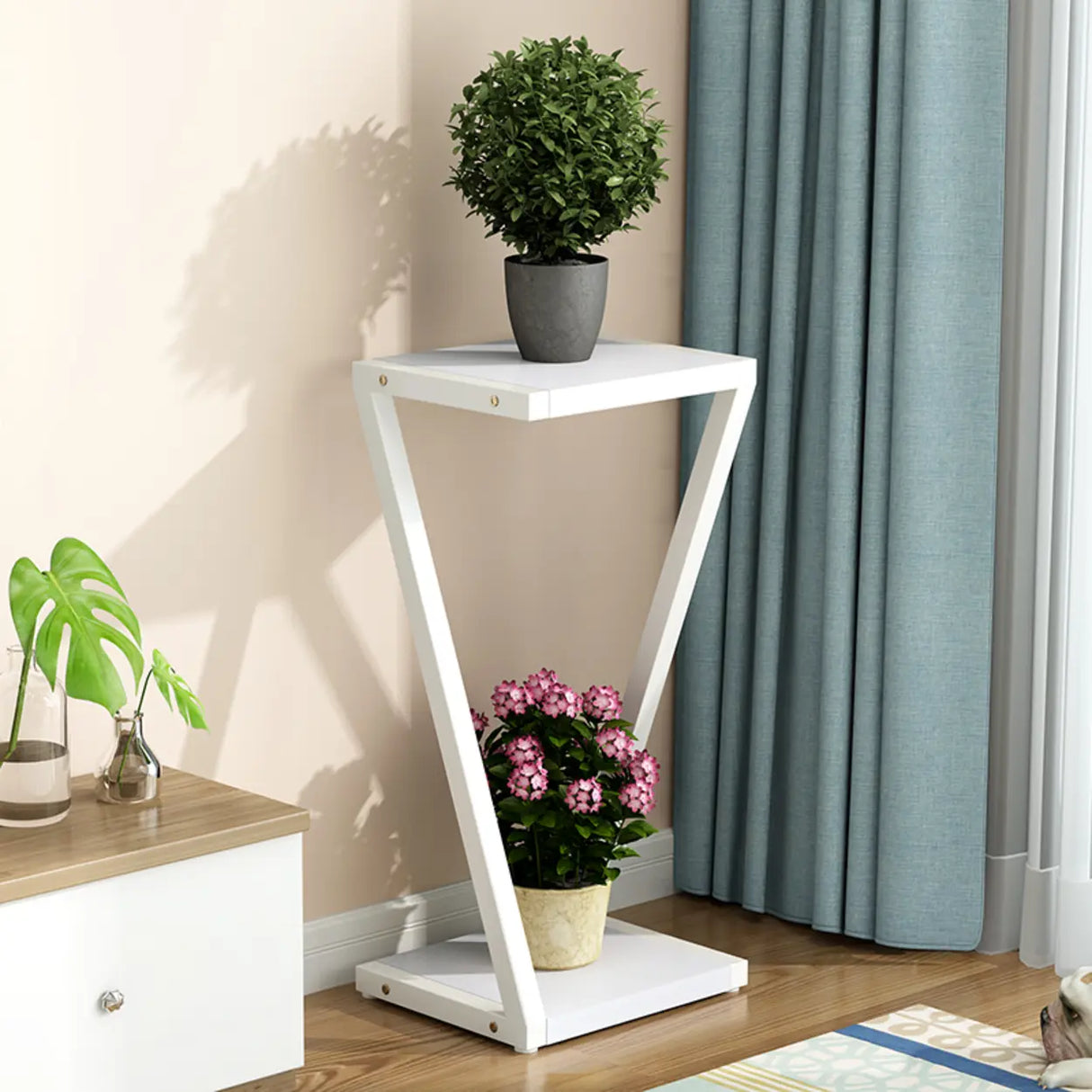 2 Tiers Modish Z-Shape Whit-Black Wood Floor Plant Stand Image - 10