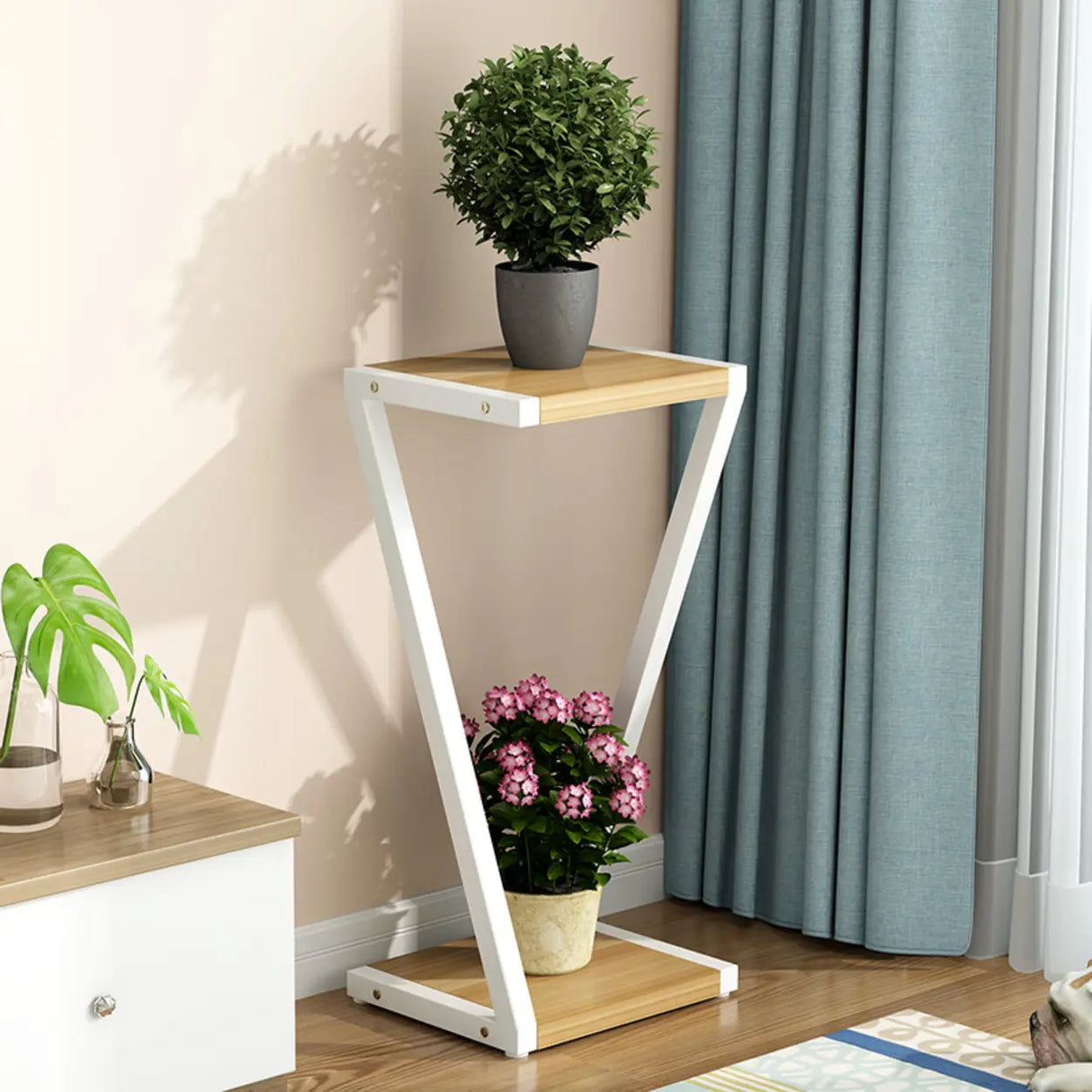 2 Tiers Modish Z-Shape Whit-Black Wood Floor Plant Stand Image - 14