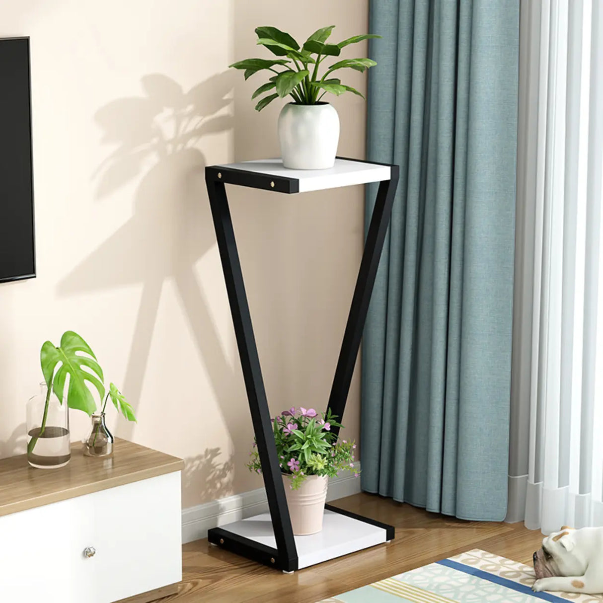 2 Tiers Modish Z-Shape Whit-Black Wood Floor Plant Stand Image - 15