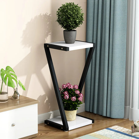 2 Tiers Modish Z-Shape Whit-Black Wood Floor Plant Stand Image - 2