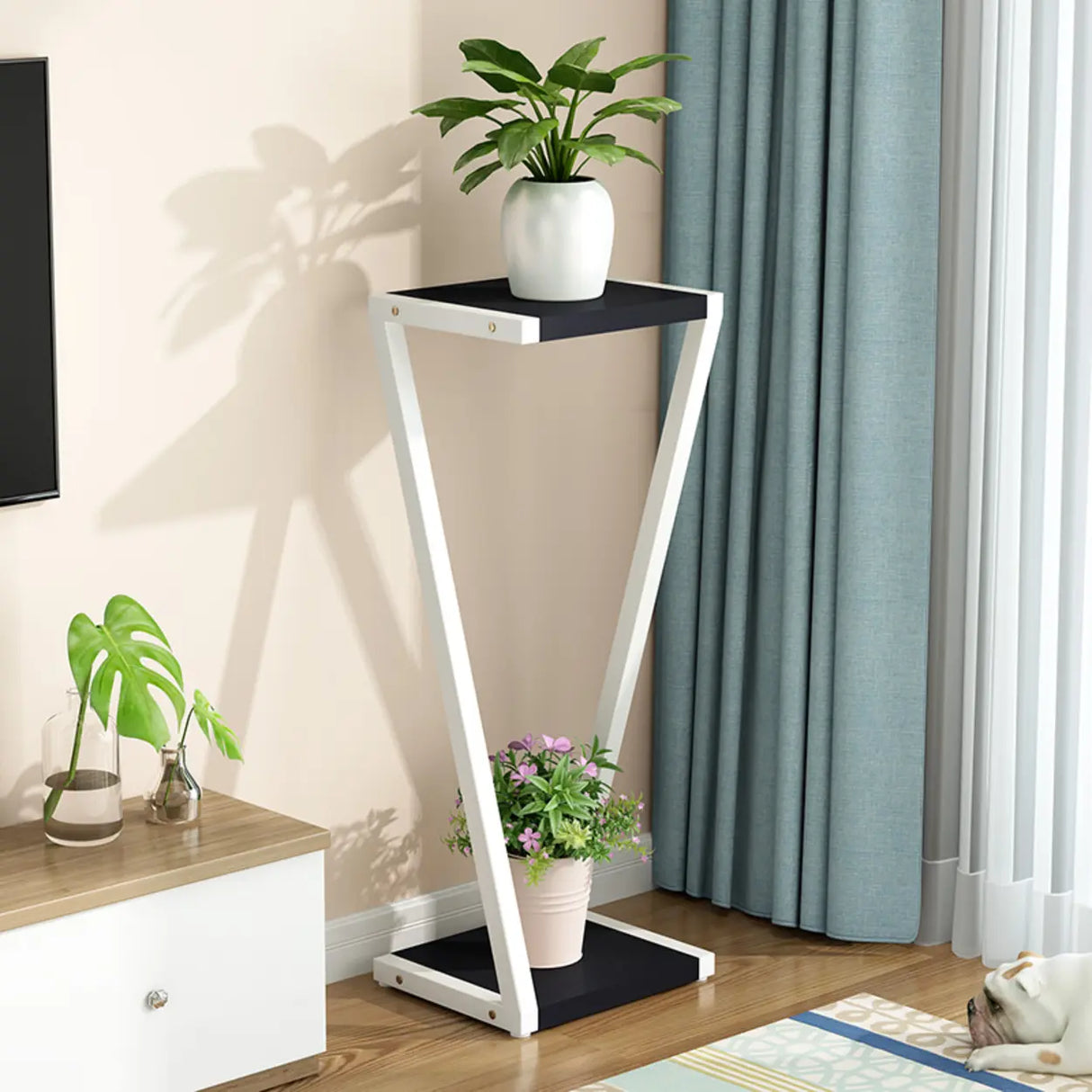 2 Tiers Modish Z-Shape Whit-Black Wood Floor Plant Stand Image - 20