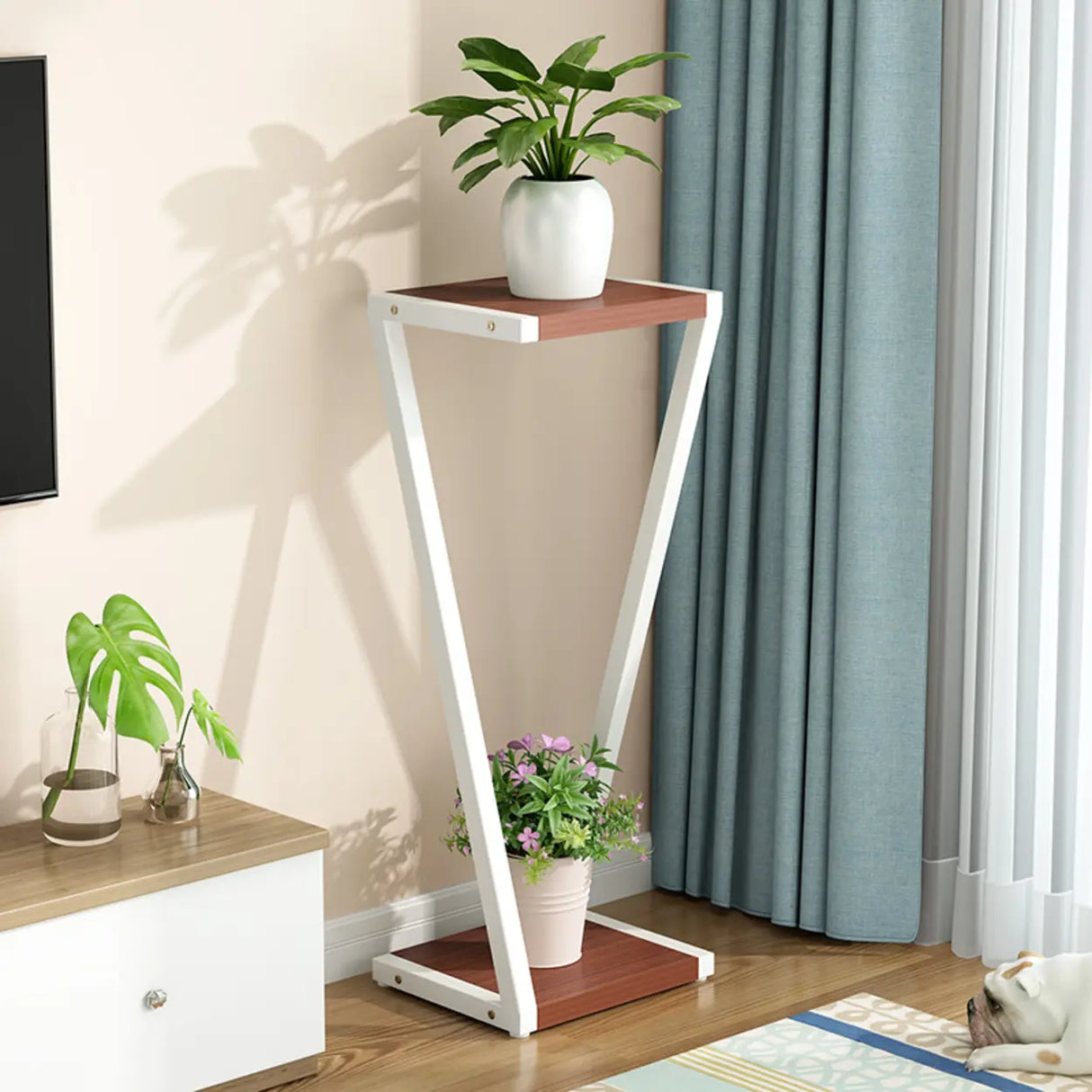 2 Tiers Modish Z-Shape Whit-Black Wood Floor Plant Stand Image - 21