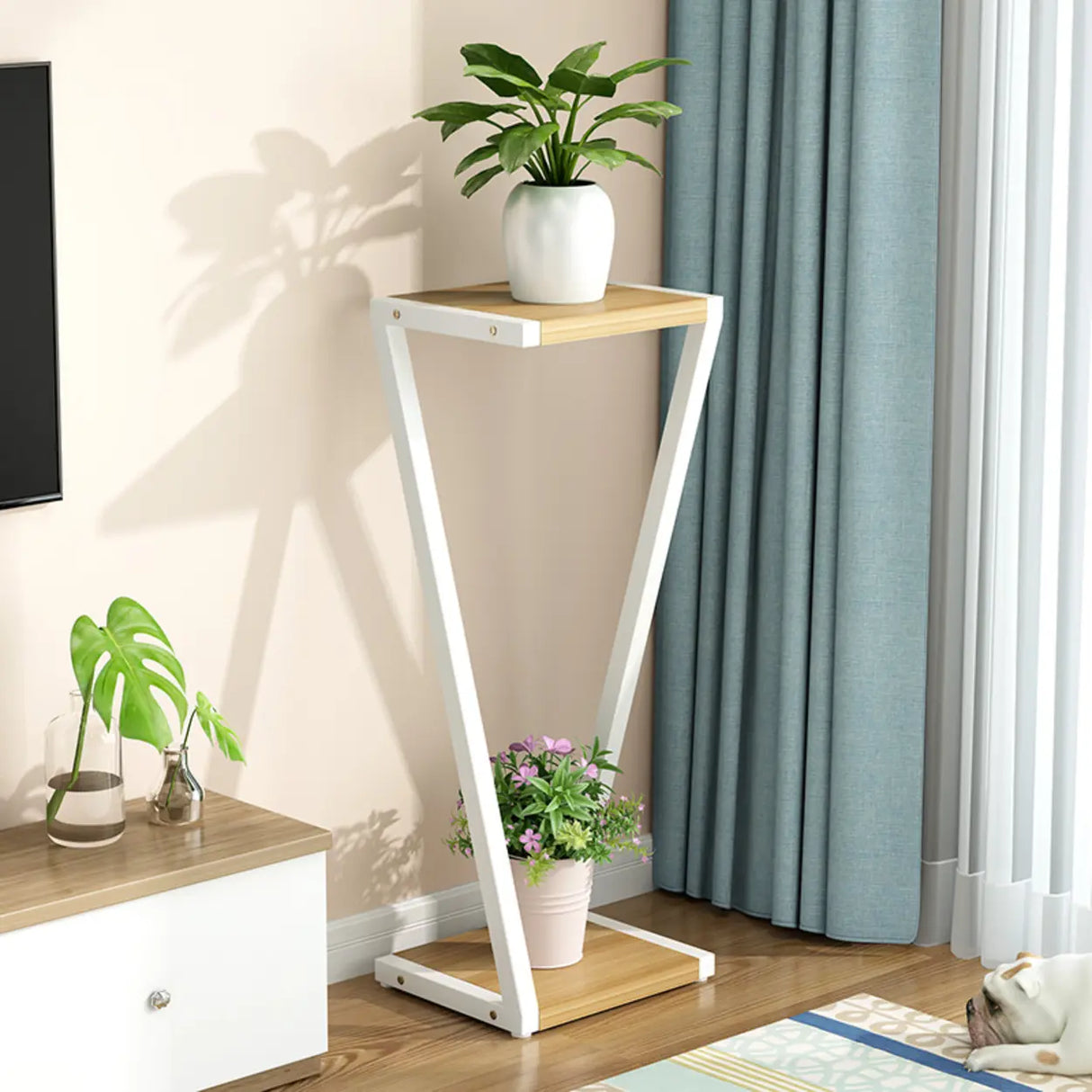 2 Tiers Modish Z-Shape Whit-Black Wood Floor Plant Stand Image - 22