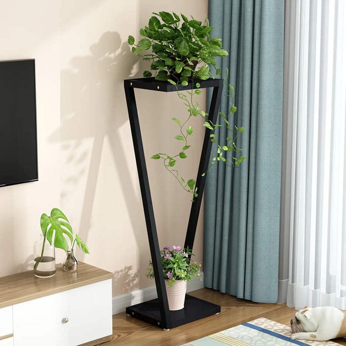 2 Tiers Modish Z-Shape Whit-Black Wood Floor Plant Stand Image - 23