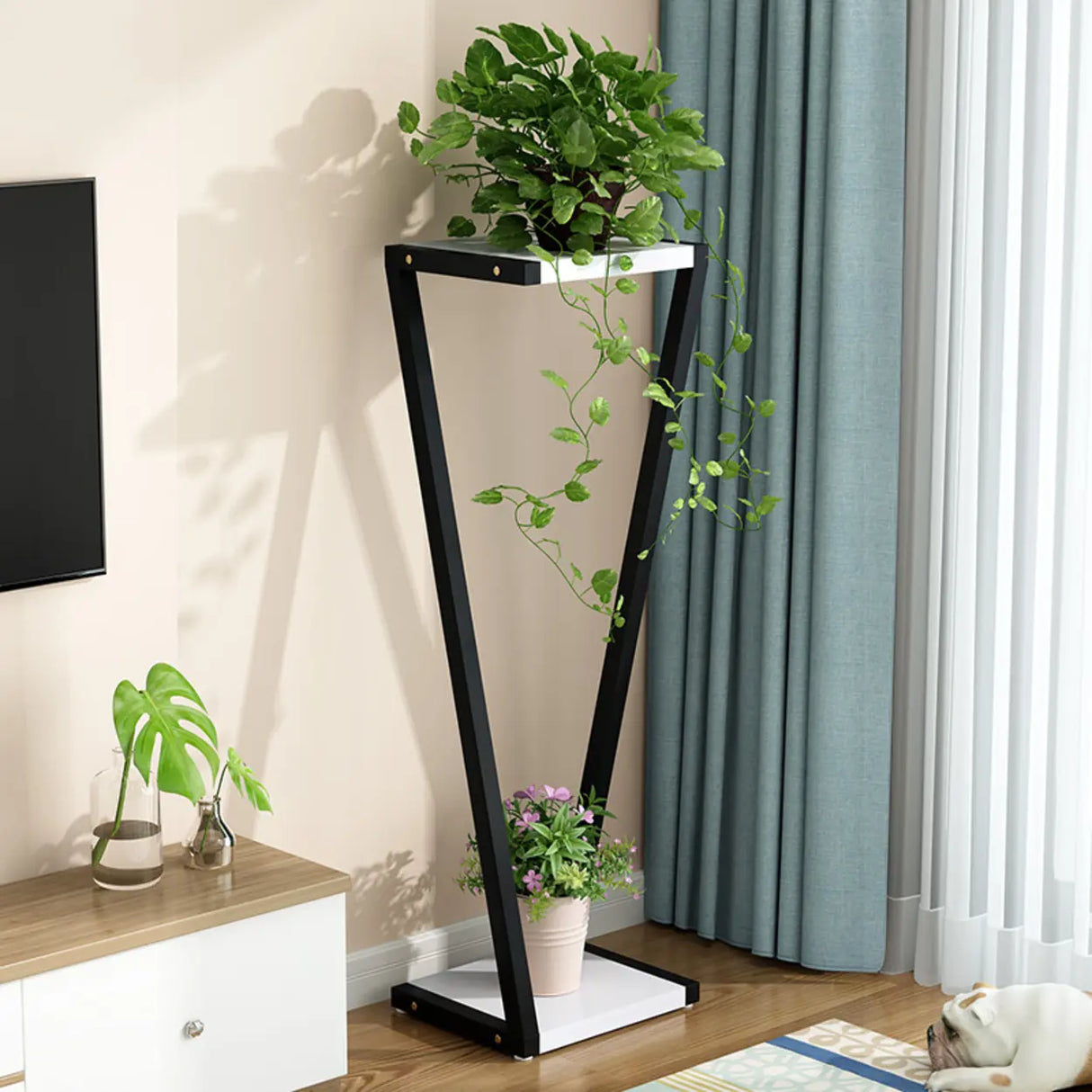 2 Tiers Modish Z-Shape Whit-Black Wood Floor Plant Stand Image - 24