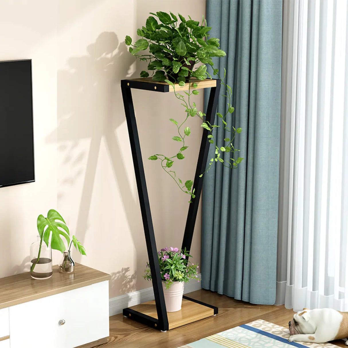 2 Tiers Modish Z-Shape Whit-Black Wood Floor Plant Stand Image - 26