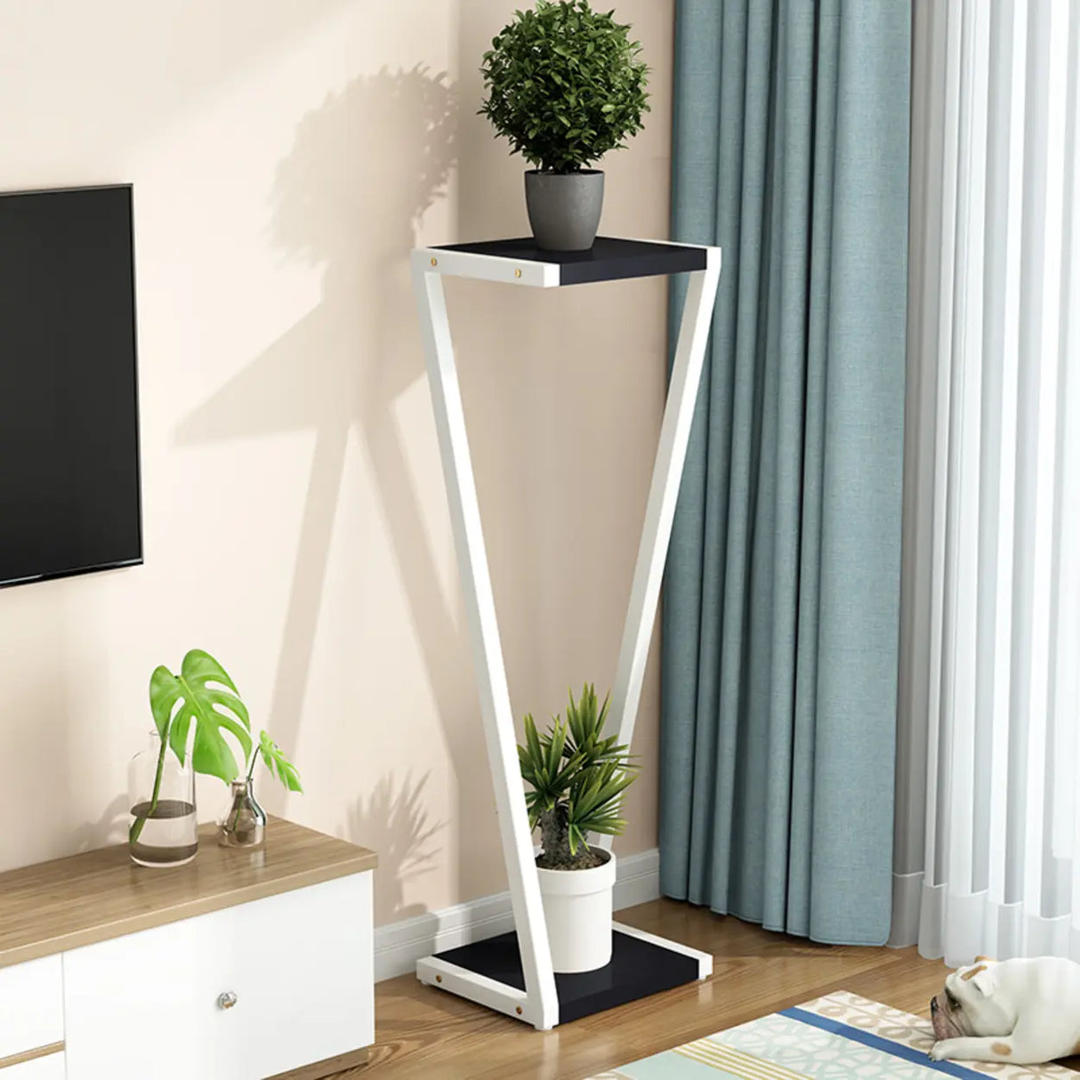 2 Tiers Modish Z-Shape Whit-Black Wood Floor Plant Stand Image - 28