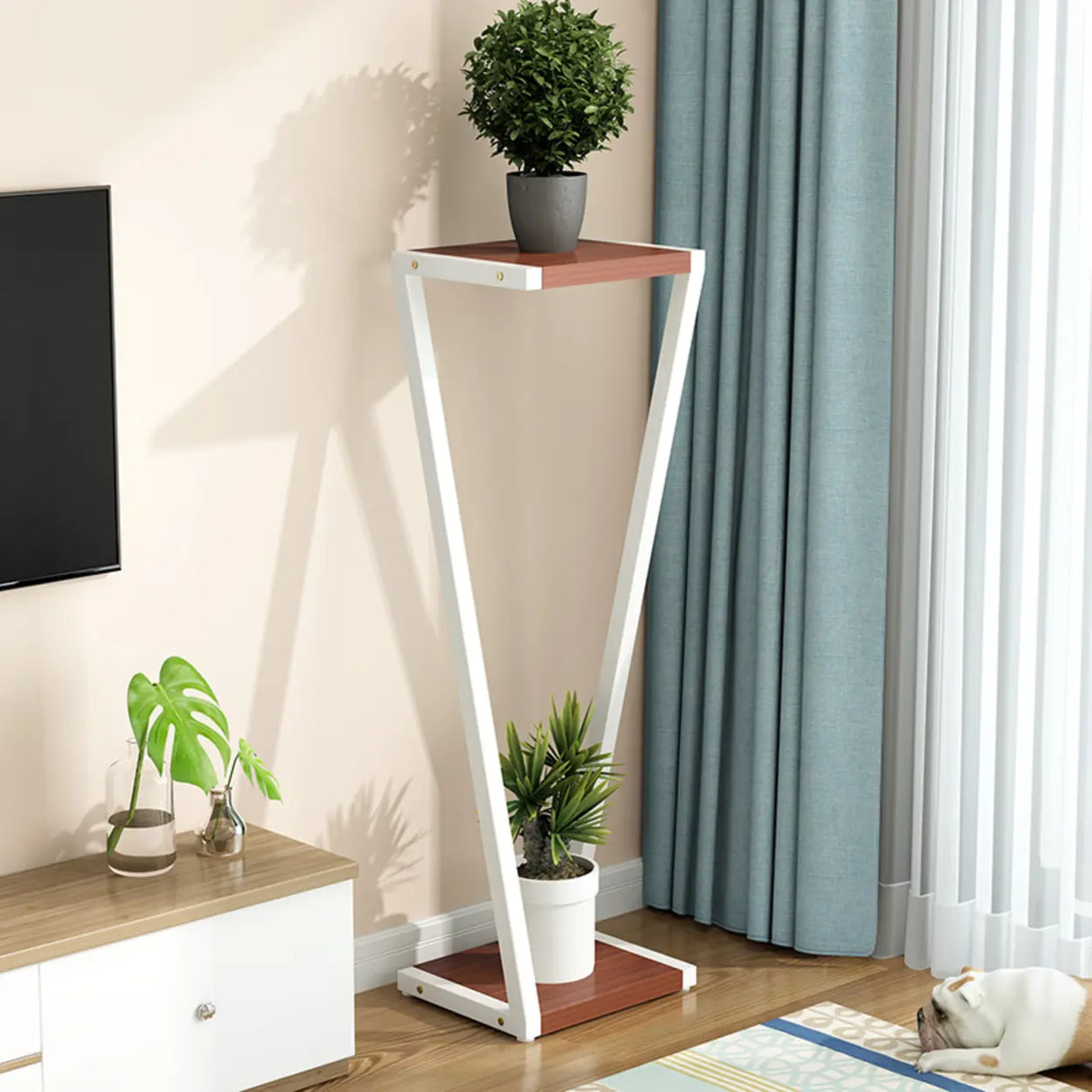 2 Tiers Modish Z-Shape Whit-Black Wood Floor Plant Stand Image - 29