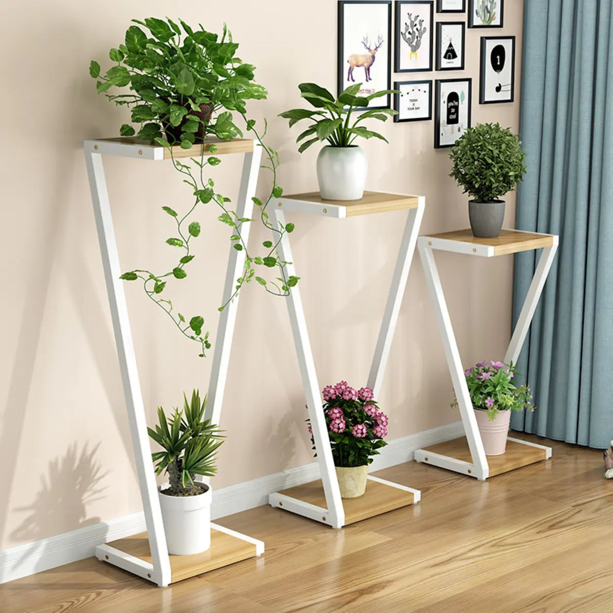 2 Tiers Modish Z-Shape Whit-Black Wood Floor Plant Stand Image - 3