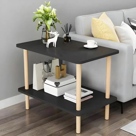 2 Tiers Rectangular Beech Wood Black Storage Side Table Image - 1