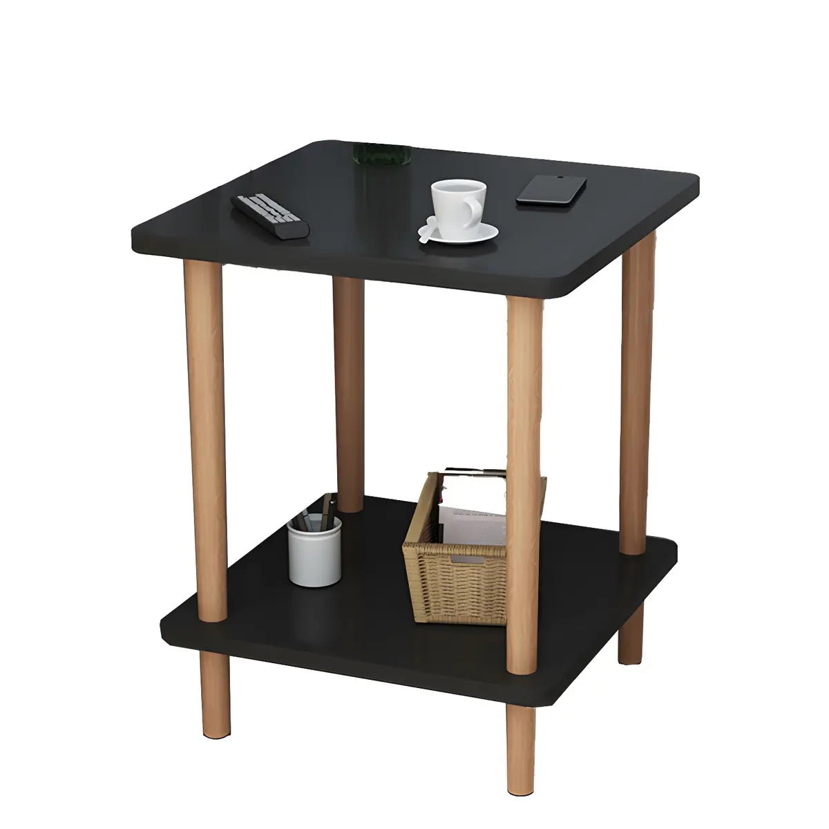 2 Tiers Rectangular Beech Wood Black Storage Side Table Image - 22