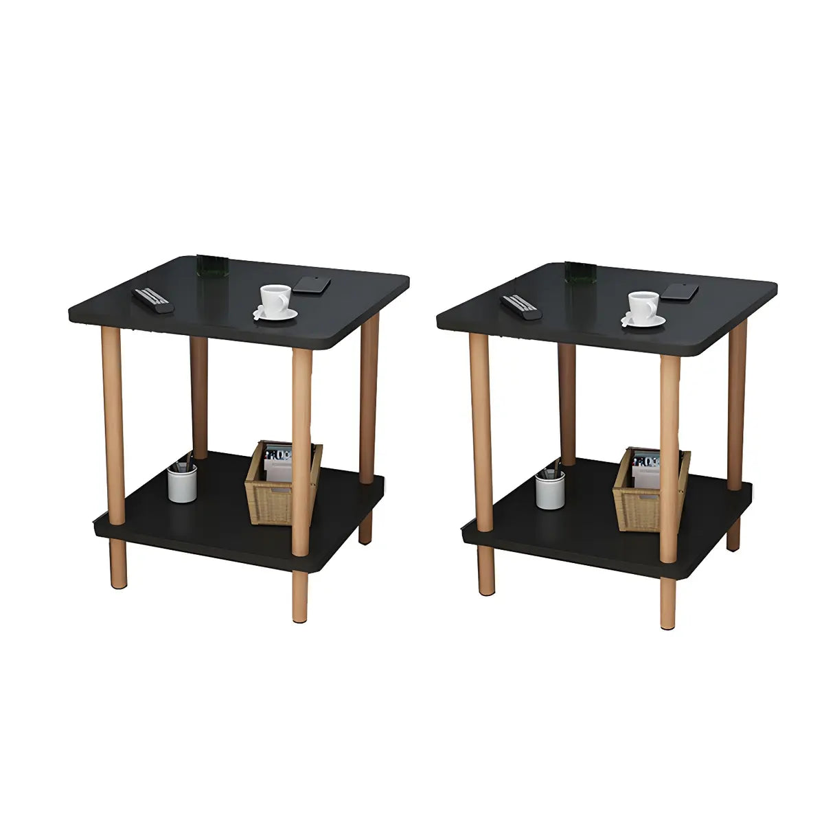 2 Tiers Rectangular Beech Wood Black Storage Side Table Image - 24