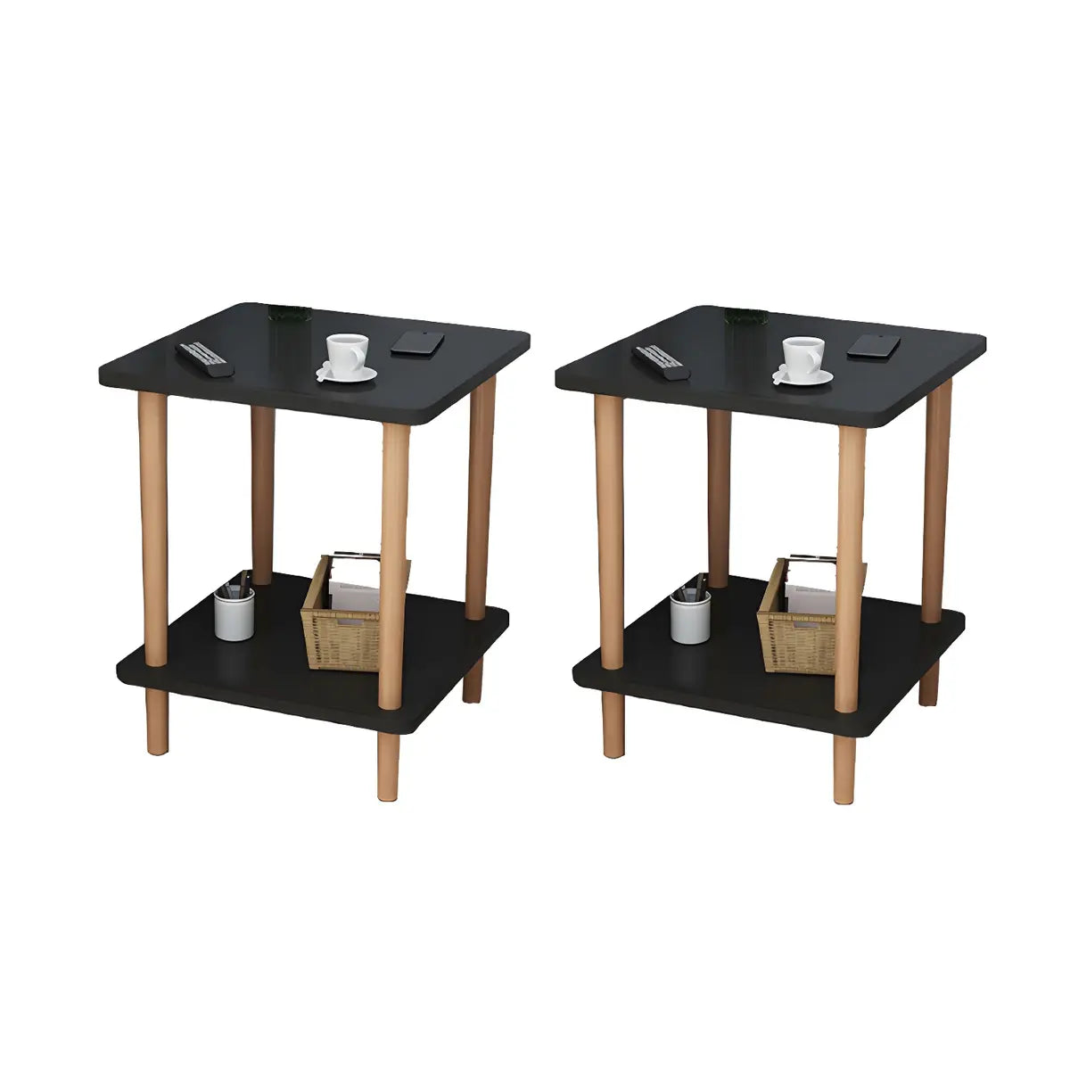 2 Tiers Rectangular Beech Wood Black Storage Side Table Image - 26