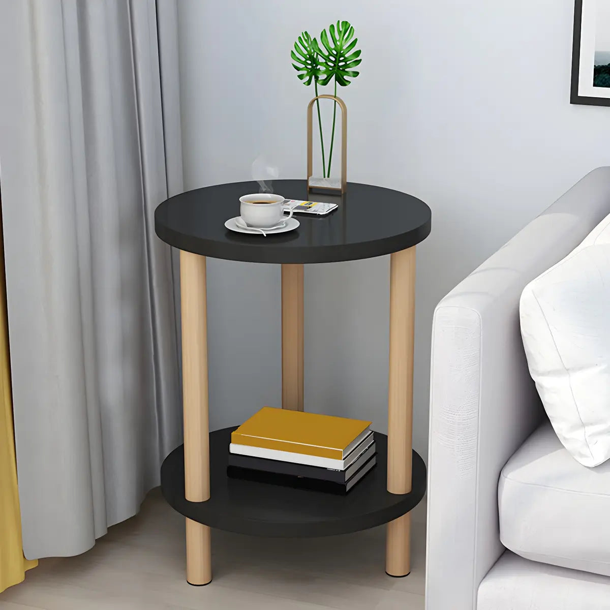 2 Tiers Rectangular Beech Wood Black Storage Side Table Image - 34