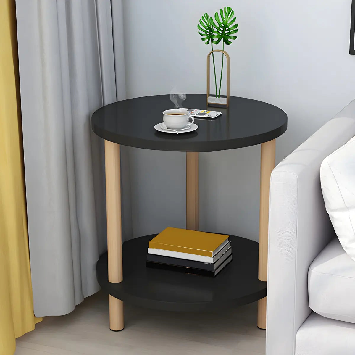 2 Tiers Rectangular Beech Wood Black Storage Side Table Image - 40