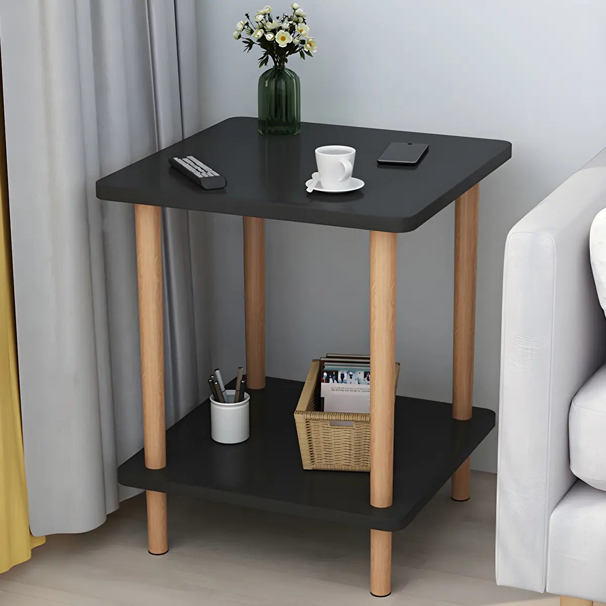 2 Tiers Rectangular Beech Wood Black Storage Side Table Image - 41