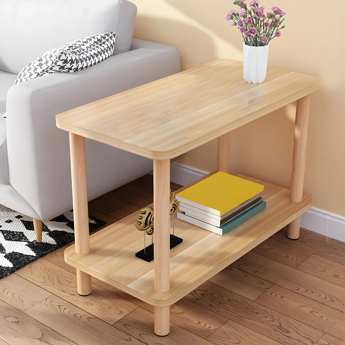 2 Tiers Rectangular Beech Wood Black Storage Side Table Image - 42