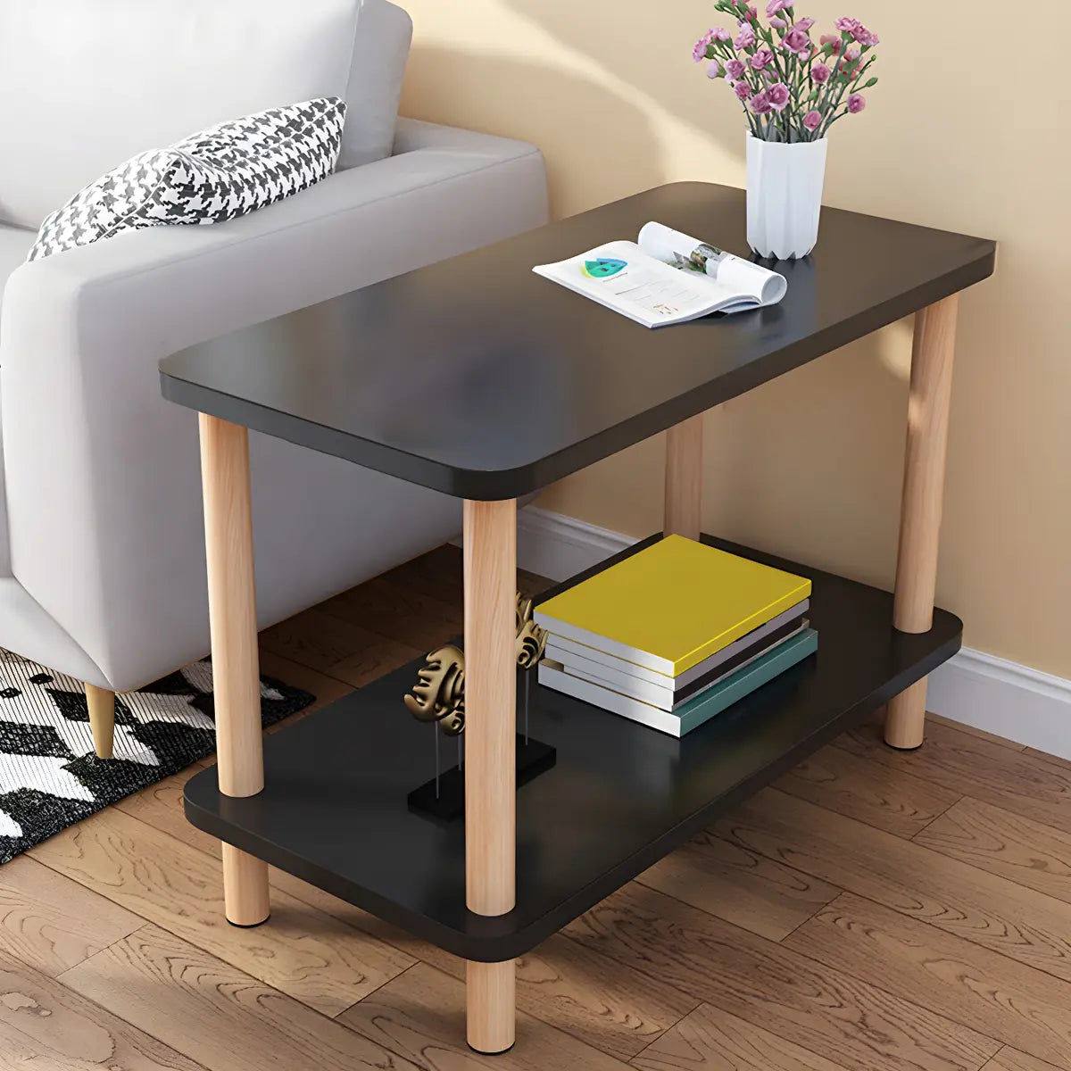 2 Tiers Rectangular Beech Wood Black Storage Side Table Image - 47