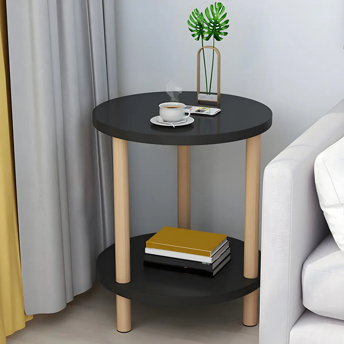 2 Tiers Rectangular Beech Wood Black Storage Side Table Image - 50