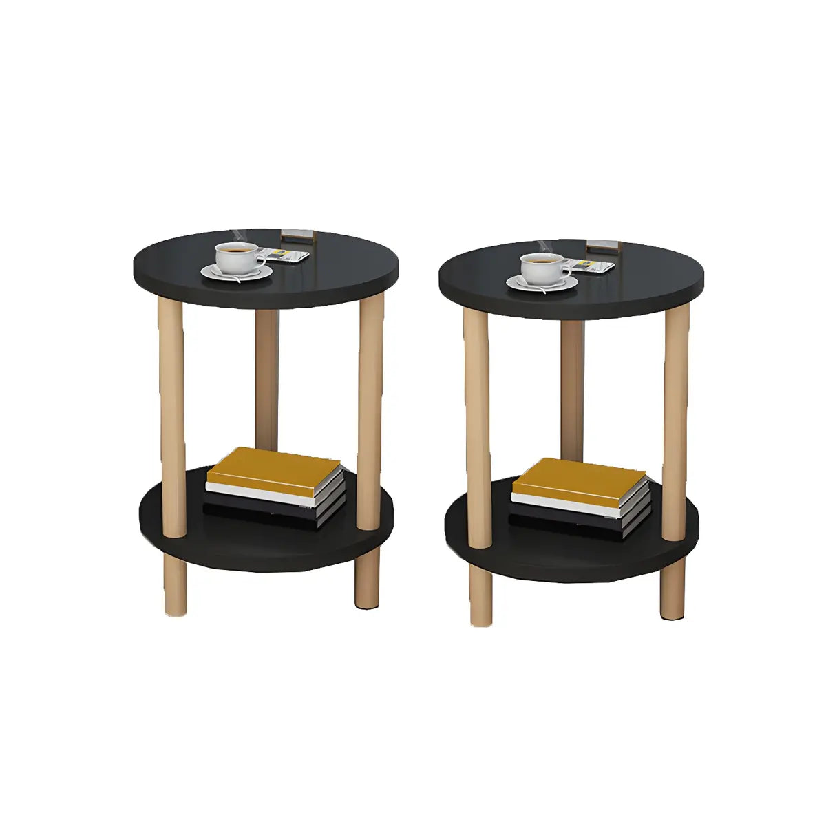 2 Tiers Rectangular Beech Wood Black Storage Side Table Image - 6