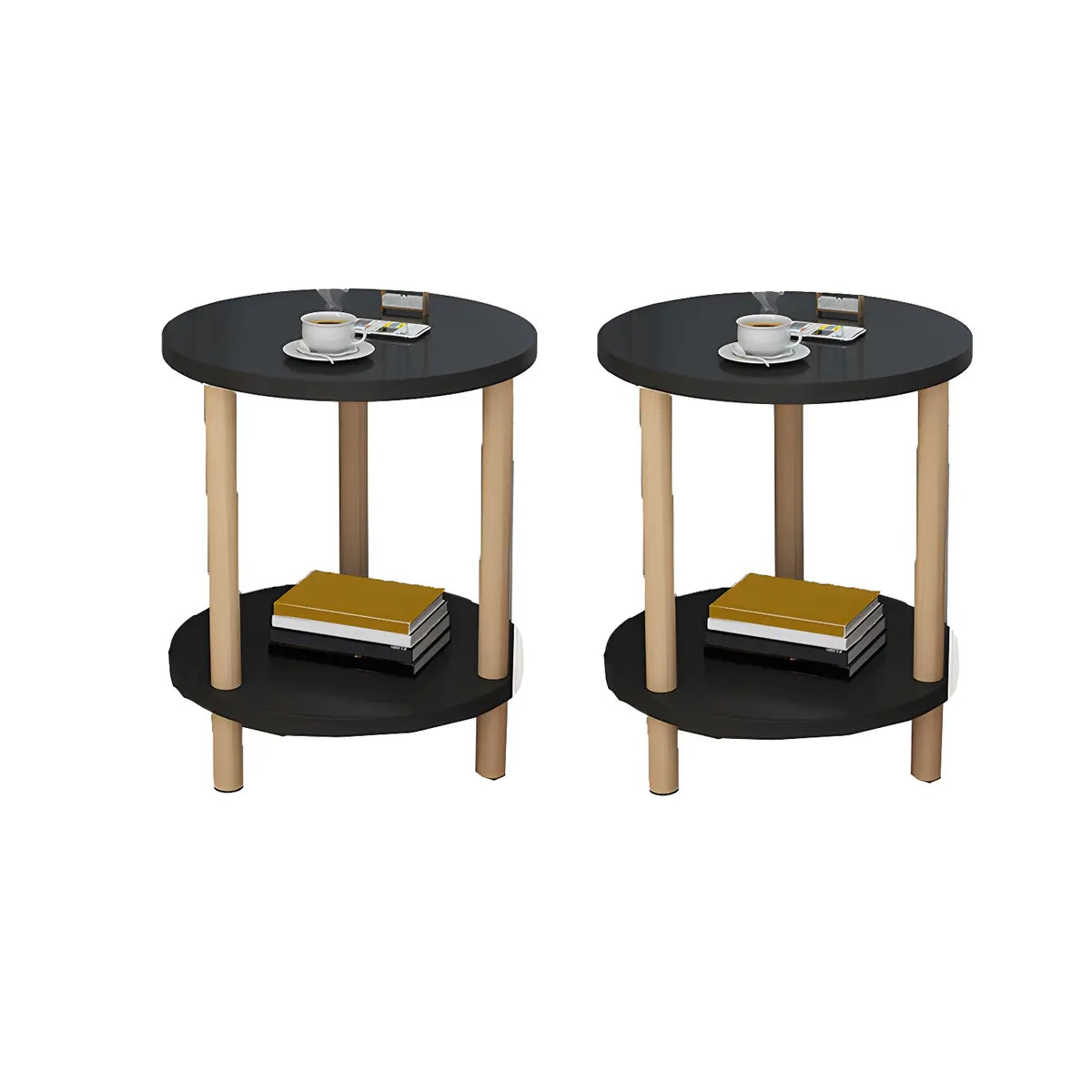 2 Tiers Rectangular Beech Wood Black Storage Side Table Image - 8