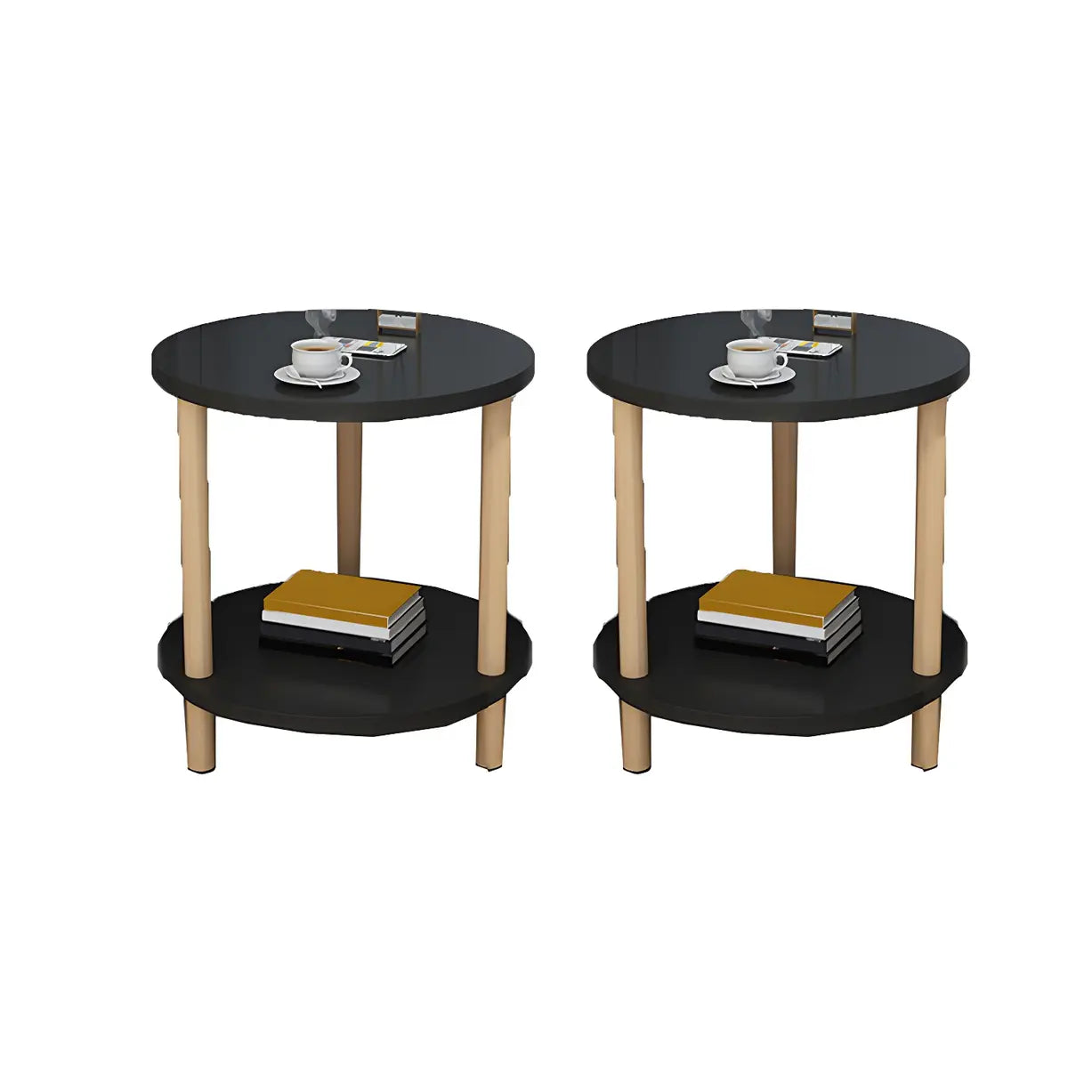 2 Tiers Rectangular Beech Wood Black Storage Side Table Image - 9