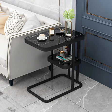 2 Tiers Rectangular Black Metal and Wood Storage Side Table Image - 1