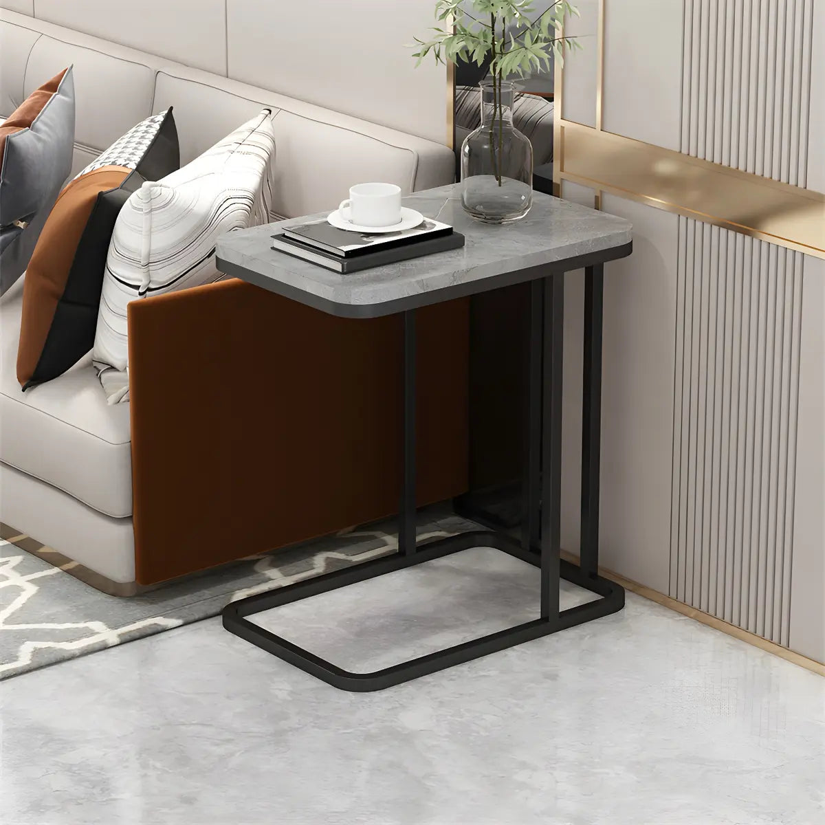 2 Tiers Rectangular Black Metal and Wood Storage Side Table Image - 4