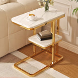 2 Tiers Rectangular Stone White Side Table with Shelf Image - 1