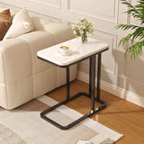 2 Tiers Rectangular Stone White Side Table with Shelf Image - 2