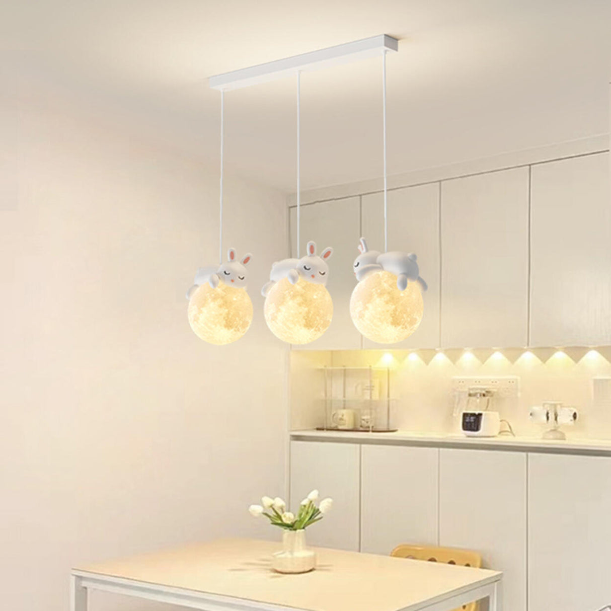 3-Light Adorable Bunny and Moon Island Pendant Light Image - 1