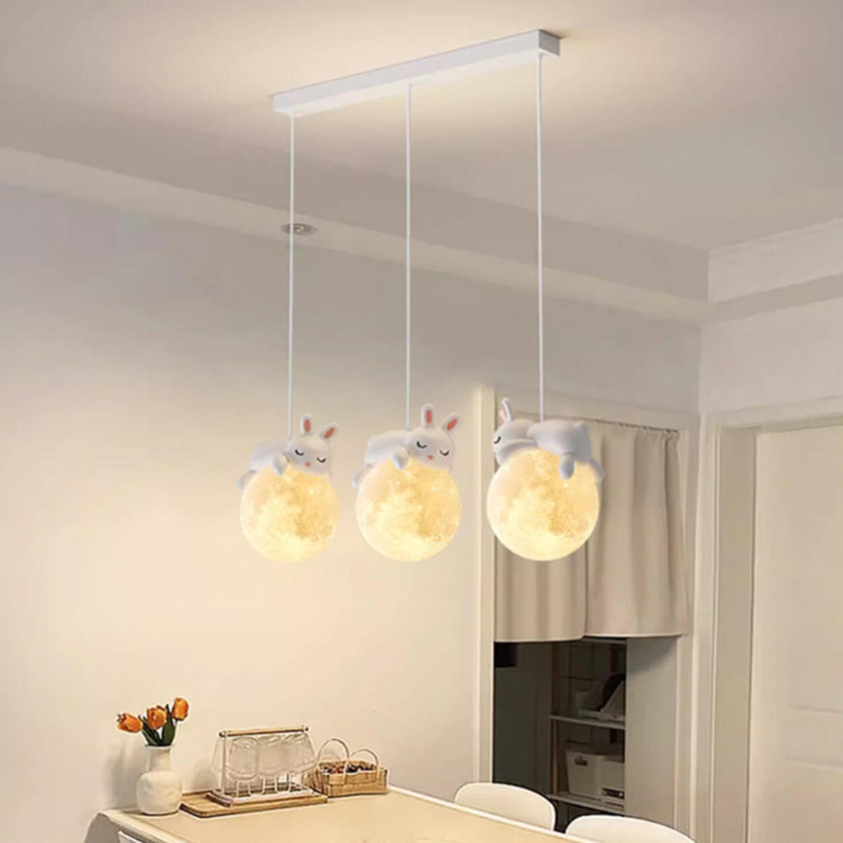 3-Light Adorable Bunny and Moon Island Pendant Light Image - 13